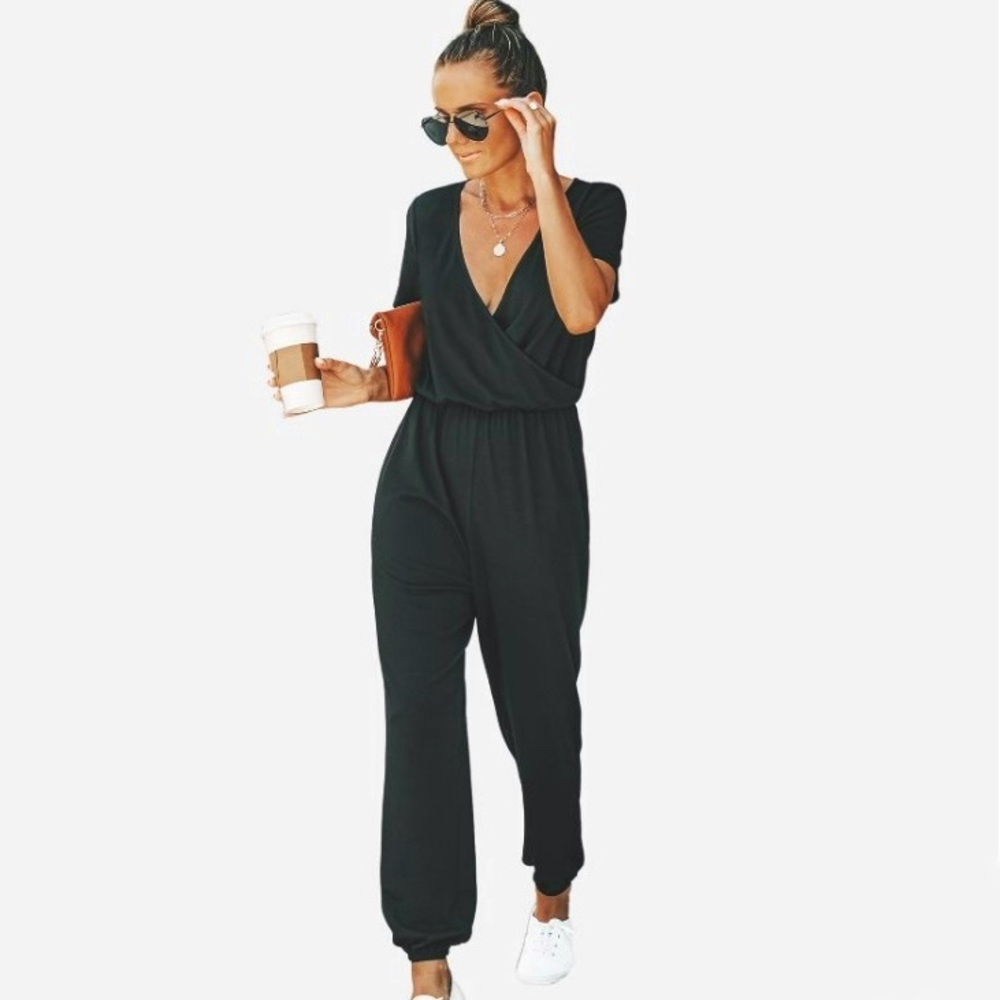 Short Sleeve Wrap Loose Long Romper Jumpsuit - Cupshe - Black - Small
